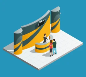 Foto de um estande de aluguel para eventos corporativos com palco, mesa de recepção e duas pessoas conversando, ideal para promover negócios e eventos.