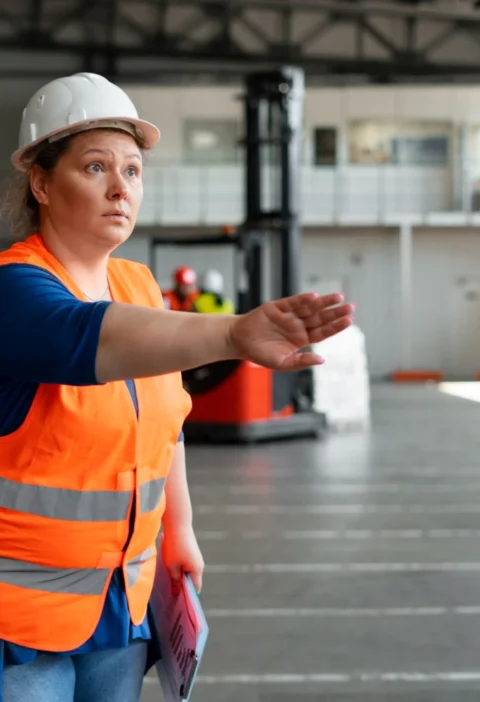 Profissional de segurança industrial demonstrando a importância de pausas ativas e ergonomia para prevenir lesões em ambientes industriais.