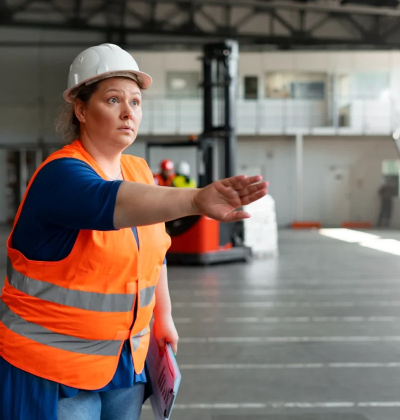 Profissional de segurança industrial demonstrando a importância de pausas ativas e ergonomia para prevenir lesões em ambientes industriais.