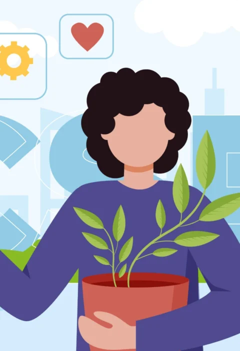 Ilustração representando programas de qualidade de vida, destacando economia com afastamentos, crescimento sustentável e bem-estar no trabalho