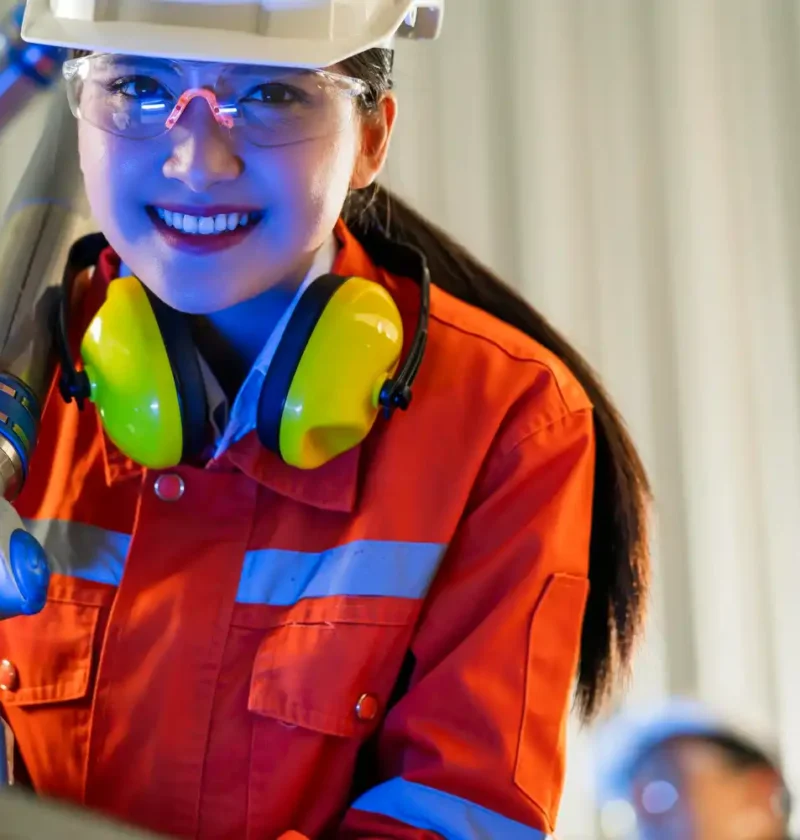 Mulher engenheira usando tecnologia vestível de proteção no trabalho, com capacete, óculos de proteção e protetores auriculares, em ambiente industrial