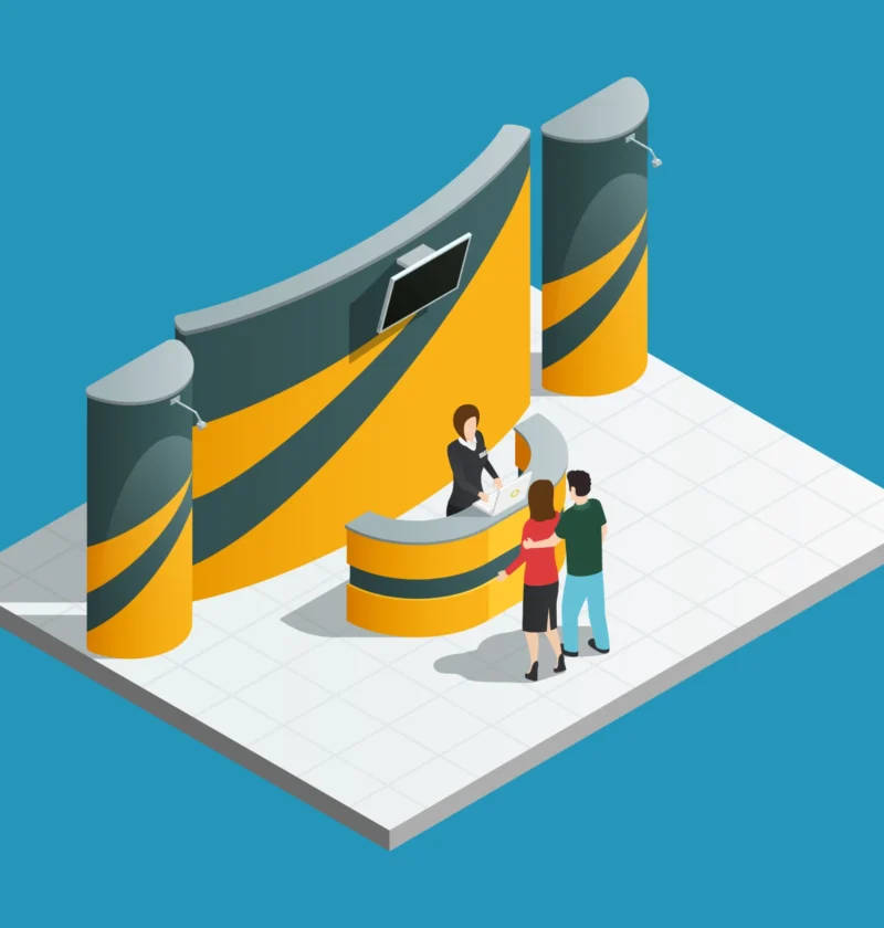 Foto de um estande de aluguel para eventos corporativos com palco, mesa de recepção e duas pessoas conversando, ideal para promover negócios e eventos.