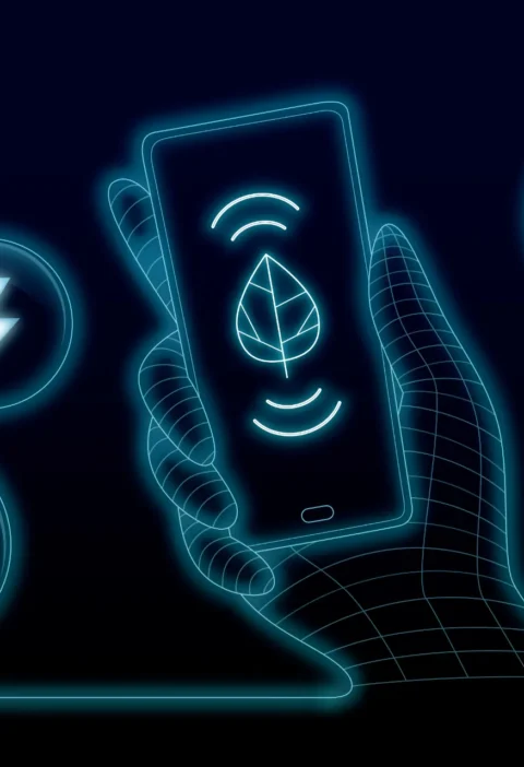 Ilustração digital com um smartphone no centro cercado por ícones luminosos de energia, folhas e recarga, simbolizando Tecnologia e Sustentabilidade: Soluções digitais para um futuro mais eficiente.