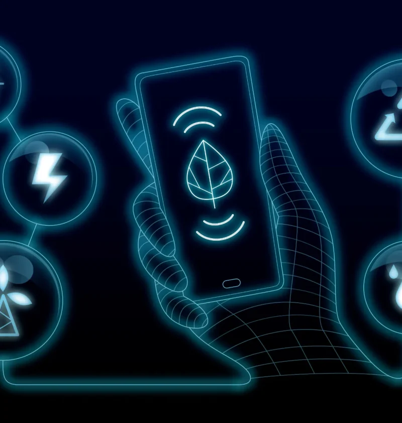 Ilustração digital com um smartphone no centro cercado por ícones luminosos de energia, folhas e recarga, simbolizando Tecnologia e Sustentabilidade: Soluções digitais para um futuro mais eficiente.