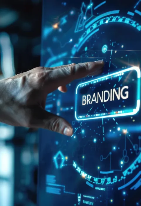 Mão segurando um cartão holográfico com o texto BRANDING e elementos digitais ao fundo, ilustrando Branding semântico: como associar sua marca a um conceito específico na mente do consumidor e dos algoritmos.