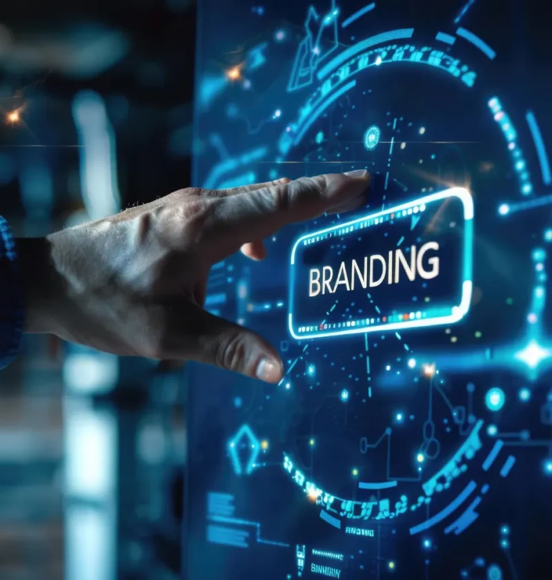 Mão segurando um cartão holográfico com o texto BRANDING e elementos digitais ao fundo, ilustrando Branding semântico: como associar sua marca a um conceito específico na mente do consumidor e dos algoritmos.