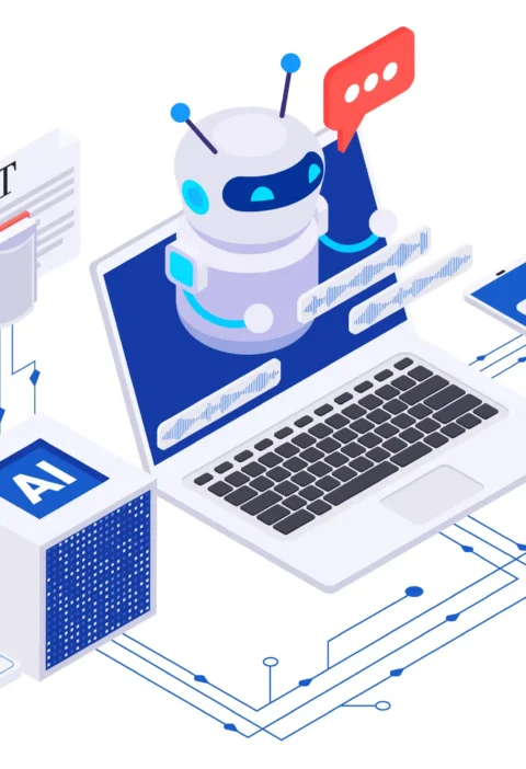 Como preparar uma empresa para ser "AI-first": capacitação de equipe como pré-requisito para estratégias de IA em market: Ilustração isométrica de um robô de inteligência artificial conectado a um notebook, com comunicação em nuvem, painéis e gráficos, simbolizando preparo de equipe para estratégias de IA