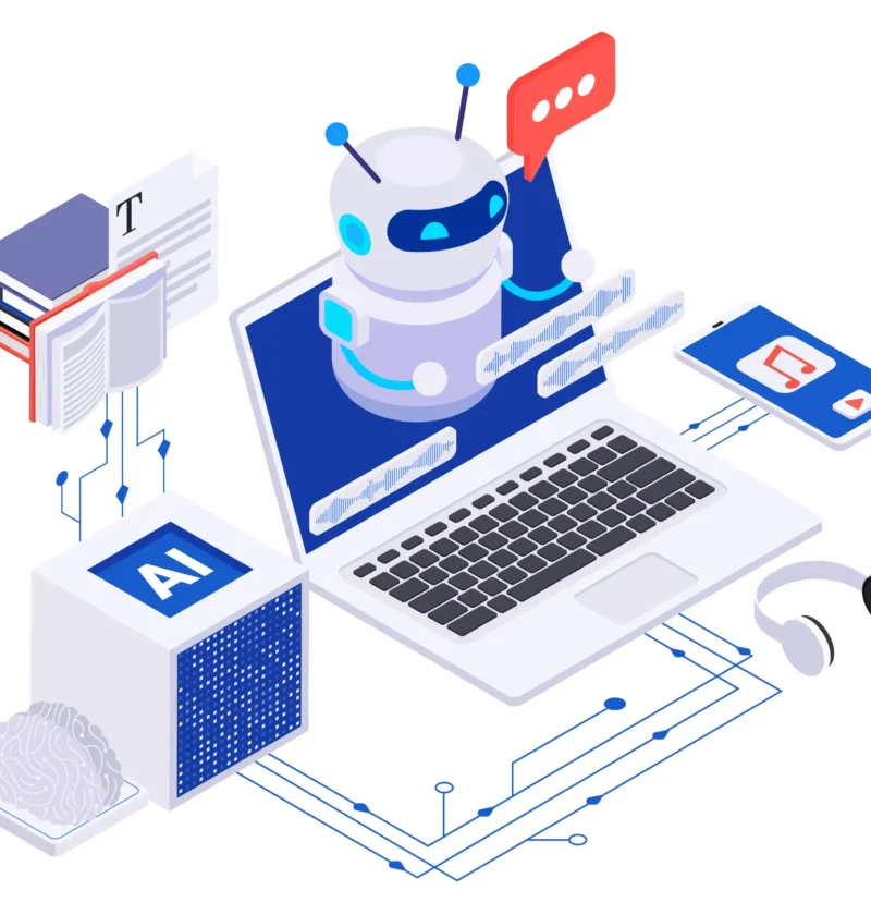 Como preparar uma empresa para ser "AI-first": capacitação de equipe como pré-requisito para estratégias de IA em market: Ilustração isométrica de um robô de inteligência artificial conectado a um notebook, com comunicação em nuvem, painéis e gráficos, simbolizando preparo de equipe para estratégias de IA