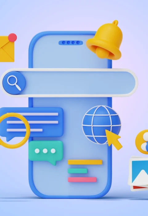 SEO técnico em 2026: os erros de rastreamento e indexação que ainda derrubam sites bem escritos: Ilustração 3D de uma busca e rastreamento na web com lupa, globo, ícone de usuário e mensagens, representando SEO técnico e indexação