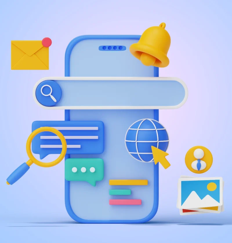 SEO técnico em 2026: os erros de rastreamento e indexação que ainda derrubam sites bem escritos: Ilustração 3D de uma busca e rastreamento na web com lupa, globo, ícone de usuário e mensagens, representando SEO técnico e indexação